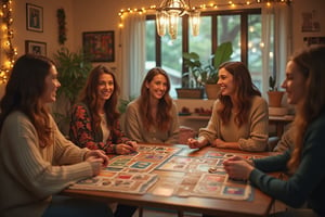 Photo of five women sitting at a table in a room, playing transformation board games, smiling. The room is decorated in a boho style, with lots of garlands, candles and decor. Without distortion