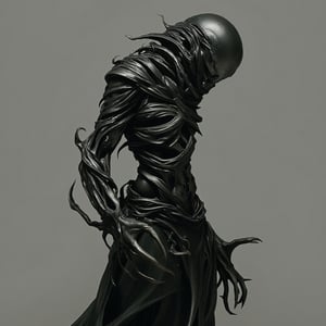 Full body character, side view, A dark fantasy character, its body twisted and spiraled as though made of unraveling bands of dark metal. Its head is featureless, a void of shadow where a face should be, surrounded by more band-like wrappings. Long, clawed hands extend unnaturally. The figure appears ethereal and skeletal, with gaps where flesh should be, giving it an eerie, ghostly presence. <...>,assassinkahb style