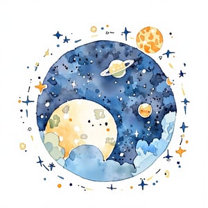 cute_picture,watercolor \(medium\),Hand-drawn sketch and watercolor style, simple, simple details, 12 circles, 14 stars, astronomy, space, mysterious, calm, harmony, safe