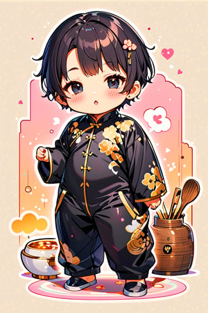 illustration, chibi, asian man, (masterpiece:1.4), highest quality, 16k, ultra-detailed, very clear and precise images, full body, perfect anatomy, black short hair, black eyes, black Tang suit