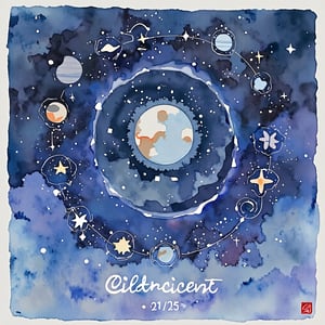 cute_picture,watercolor \(medium\),Hand-drawn sketch and watercolor style, simple, simple details, 12 circles, 14 stars, astronomy, space, mysterious, calm, harmony, safe