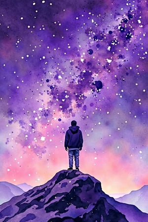 cute_picture,1 silhouette man, purple star astronomy background,watercolor \(medium\)