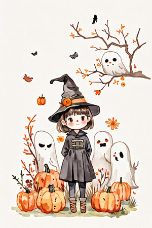 cute_picture,watercolor \(medium\),Hand-drawn sketch and watercolor style, halloween, pumpkins, harror, ghosts, 1 girl, halloween_costume