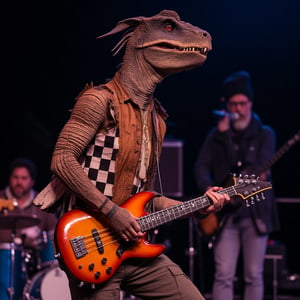 Velociraptor wearing a checkered short and cargo shorts playing a sunburst Rickenbacker bass guitar in a punk band on stage.