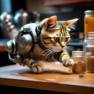 cyborg tabby cat chasing mouse in the kitchen, running around tossing jars off the table,cybernetic, robo cat, cyberpunk