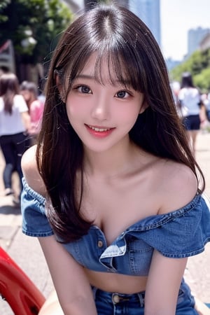 Beautiful Taiwanese woman, super detailed face, attention to detail, double eyelids,,, light brown hair, highest quality, masterpiece, super high resolution, wearing aqua blue off-shoulder top, denim shorts, long hair, beautiful figure. The smile of an idol. On the street. Riding a bicycle.