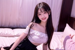 Beautiful Taiwanese woman, super detailed face, attention to detail, double eyelids,,, light brown hair, highest quality, masterpiece, super high resolution, wearing white tulle off-shoulder top, black skirt, long hair, beautiful figure. The smile of an idol. Sitting on the bed. Stretch.