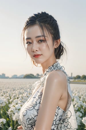 This is a highly detailed digital close-up and tilt shot artwork in a bright fantasy style, intricate tetradic colors in every details, a beautiful 22 years old Chinese girl, looking at viewer, head tilt, leaning forward, A lone girl with wavy black hair, wearing white dress, stands in windy flower field with grass, sun glare, heavenly cloudy sky, (clouds spiral:0.8), a macabre tapestry of clouds reaching towards viewer, falling petals, light cascading from an unseen aperture above. A low camera angle emphasizes the girl's with the overwhelming warm vibes.