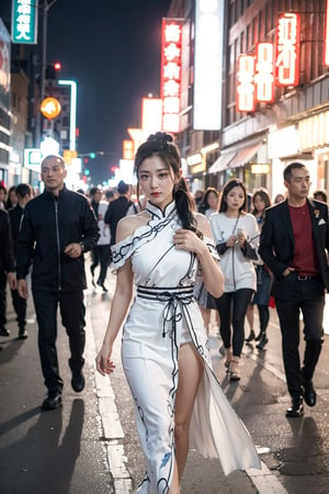 A photorealistic anime-style depiction of a xianxia hero, immortal and ethereal, walking among bustling crowds on a vibrant city street. The hero's flowing robes contrast with the modern attire of the people, illuminated by the warm glow of streetlights. The composition captures the hero's serene expression amidst the lively urban environment, with a dynamic perspective that highlights the contrast between ancient and contemporary.