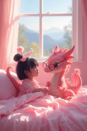 Realistic Photograph of an adorable  ((( pink dragon))) hairy, with glasses, talking at bed, at Pink little kid bedroom , Next to a little girl with Pink dress, black hair and pigtails  . Digital processing in the style of Jim Benson and Jay Wan. Detailed face, pastel color palette. I can't believe how beautiful it is - elegant and serene
,, shiny magic aura,realism, lifelike ,Zur1n3,Chenell,Syazi89,fantasy_master_166, baby dragón, Pink, little human girl Next to him at bed, laying on bed.  beautiful mountains trought the window, cutest, masterpiece,WatercolorWash