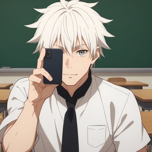 score_9,score_8_up, male, solo, satoru gojo,white hair, black sunglass, taking selfie in classroom