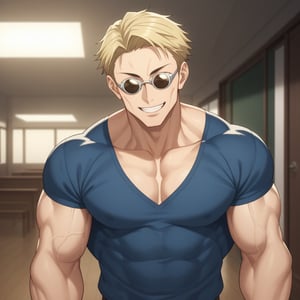 score_9,score_8_up,nanami kento,blonde hair,glasses,muscular, looking at me, smile, cowboy_shot