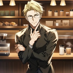 solo, score_9,score_8_up,nanami kento,blonde hair,glasses,muscular, looking at me, smile, cowboy_shot, short hair, stylish pose, coffee shop, morning