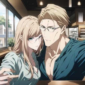 solo, score_9,score_8_up,couple, hetero, (nanami kento,blonde hair,glasses,muscular, short hair, handsome, male), taking selfie with (power_v1, blonde hair, long hair, female, cute), cafeteria