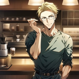 solo, score_9,score_8_up,nanami kento,blonde hair,glasses,muscular, looking at me, smile, cowboy_shot, short hair, stylish pose, coffee shop, morning