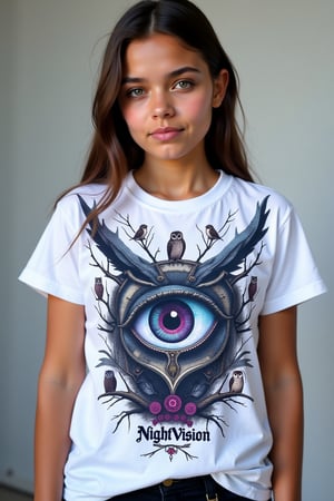 Picture a T-shirt on a young female model. The T-shirt features an unusual print:

The central element is a large, stylized owl eye, which takes up almost the entire front of the T-shirt. The eye is drawn in a surreal style - the iris has the shape of a spiral, consisting of small clockwork mechanisms and gears. The pupil of the eye is a miniature full moon.

Around the eye, "rays" diverge in the form of thin tree branches, on which tiny owls of different species sit. Some owls look directly at the viewer, others turn away or sleep.

The color scheme of the print mainly consists of shades of blue, purple and silver, creating the feeling of a night, mystical landscape.

Along the bottom edge of the T-shirt is the inscription in an ornate font: "Night Vision", as if woven into the tree branches.

This complex, detailed print creates an impression of depth and movement, attracting attention with its unusualness and mystery.



The colors of the print are bright and contrasting against the white T-shirt, creating a striking and memorable image.
