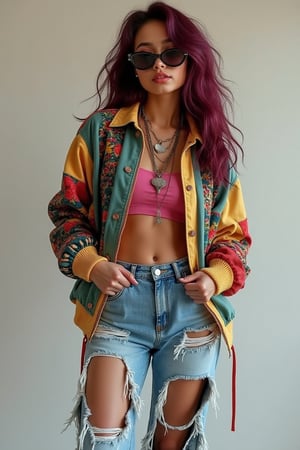 Create a photorealistic image of a cute South Asian woman with wavy, burgundy-tinted hair. She is wearing unusual and trendy clothes from modern street fashion, such as oversized sunglasses, a colorful patchwork jacket, distressed denim jeans, and statement accessories like chunky sneakers and layered necklaces.

