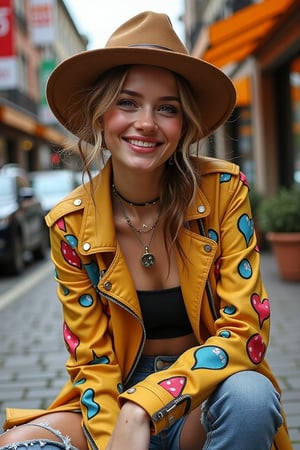 Generate a photorealistic image of a cute woman sitting in a trendy outdoor setting, wearing unusual and eclectic street fashion clothes. She has a friendly expression and is dressed in bold, eye-catching attire.

