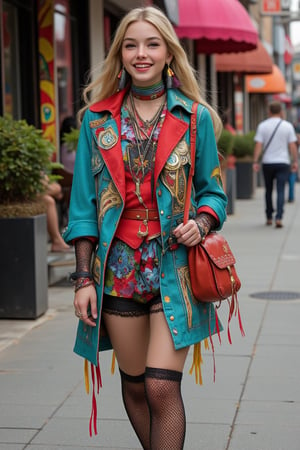 Create a photorealistic image of a pretty young woman dressed in quirky modern street fashion. She is wearing a bold, colorful outfit with unique textures and eclectic accessories. The setting is a vibrant urban backdrop with modern elements such as street art, trendy cafes or busy city streets. The woman is standing on the sidewalk in full height, her facial expression is joyful and she is showing a beaming smile.

