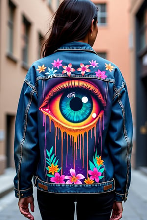 Imagine a stylish oversized denim jacket on a model. On the back of the jacket there is a large, bright print that immediately attracts attention:

In the center of the back there is a surreal eye, occupying almost the entire surface. The iris of the eye is made in the form of a spiral, shimmering from deep blue in the center to bright orange at the edges. Instead of a pupil there is a small planet Earth.

Streams of multi-colored paint - purple, green and gold - flow from the eye like tears. These "tears" spread across the entire back of the jacket, turning into thin lines that form an abstract pattern reminiscent of a star map.

Along the edges of the print, framing it, there are stylized images of exotic flowers and leaves in neon shades - pink, blue and lemon yellow.

The entire print looks like a bright, surreal work of art, contrasting with the classic blue color of the denim.


