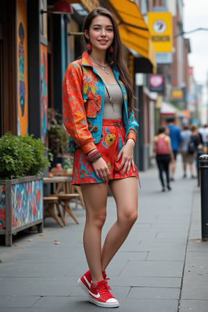 Create a photorealistic image of a pretty young woman dressed in quirky modern street fashion. She is wearing a bold, colorful outfit with unique textures and eclectic accessories, and red sneakers. The setting is a vibrant urban backdrop with modern elements such as street art, trendy cafes, or busy city streets. The woman is standing on the sidewalk in full height, her facial expression is joyful, and she is showing a beaming smile.

