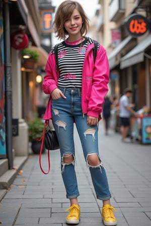 Create a photorealistic image of a cute young woman dressed in modern street fashion. She wears an eclectic outfit with bright colors and patterns, such as a hot pink jacket, a black and white striped shirt, and distressed denim jeans and yellow sneakers. Her hair is styled in a trendy bob with subtle highlights, and she has a cheerful expression. The background is a busy city street with graffiti and trendy shops.

