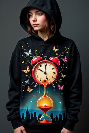 A girl in a hoodie with the following unusual print:

The t-shirt features a surreal scene on a black background. In the center is a large, bright red alarm clock that melts and spreads, like in Salvador Dali's famous painting "The Persistence of Memory." However, instead of the usual hands, thin tree branches with small green leaves grow from the dial.

Multicolored butterflies circle around the melting alarm clock, but their wings are made of transparent clock gears. Some butterflies seem to fly out of the print, creating a three-dimensional effect.

At the bottom of the t-shirt are silhouettes of city buildings, turned upside down, as if reflected in invisible water. Instead of light, streams of sand pour from the windows of these buildings, forming an hourglass at the bottom of the t-shirt.

The entire print is made in a combination of bright and pastel colors, creating a contrast between the surreal elements and a calmer background.

This print symbolizes the relativity of time and its impact on our reality, combining elements of nature, technology and urban life in one amazing image.