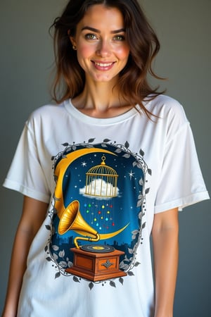 A woman in a loose-fitting T-shirt with a unique print on the front. The print depicts a surreal scene:

A large golden crescent-shaped bird cage sits against a deep blue night sky. Inside the cage, instead of a bird, a small fluffy cloud hovers, from which multi-colored raindrops fall - red, blue, yellow and green.

Under the cage is an antique gramophone with a huge funnel, from which small silver stars and spirals fly out instead of sound waves.

The entire print is framed by a thin, ornate frame of intertwining vines with leaves.

The colors of the print are bright and contrasting against the white T-shirt, creating a striking and memorable image.
