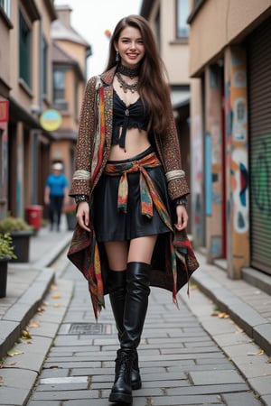 Create a photorealistic image of a pretty young woman in a unique modern street fashion. She is wearing a bold, eclectic outfit with mixed patterns and expressive details and black boots with thick soles. Her expression is joyful and her smile is bright. The scene is a trendy city street with graffiti.

