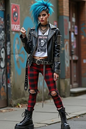 The photograph depicts a beautiful young woman standing confidently on the cover of Vogue magazine. She embodies punk rock style with her edgy outfit and attitude. 

Her hair is styled in a messy, voluminous mohawk, dyed a vibrant electric blue color. Her makeup is bold, with smoky eyes and dark lipstick.

She's wearing a distressed black leather jacket covered in silver studs and safety pins. Underneath, she has on a ripped white t-shirt with a punk band logo. Her lower half features tight-fitting plaid pants in red and black, held up by a studded belt.

On her feet, she wears heavy black combat boots with thick soles and silver buckles. Multiple chain necklaces hang around her neck, and her ears are adorned with an assortment of piercings.

Her pose is defiant and powerful, with one hand on her hip and the other raised in a fist. Her expression is fierce and unapologetic, challenging the viewer.

The Vogue logo is visible at the top of the cover, and the background behind her is a grungy urban setting, hinting at city streets and graffiti-covered walls.

