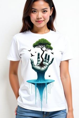 A woman in a stylish T-shirt with an unusual print on the front. The bright white background of the T-shirt features a surreal drawing:

In the center of the T-shirt is a large, detailed palm, as if stretched out to the viewer. From the center of the palm, as if from a vase, grows a lush tree with winding branches.

The branches of the tree smoothly turn into silhouettes of flying birds at the ends. Some birds have already separated from the branches and are hovering around the tree.

The roots of the tree, instead of going down, are transformed into thin streams of water that flow down the fingers of the hand, creating the illusion of a waterfall.

The entire composition is made in shades of blue and green, creating a sense of harmony between nature and man.

This surreal print symbolizes the connection of man with nature, growth and freedom, and will undoubtedly attract attention with its unusual concept and execution.

The colors of the print are bright and contrasting against the white T-shirt, creating a striking and memorable image.
