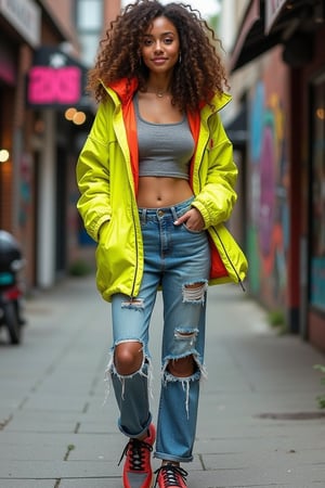 Create a photorealistic image of a young, cute woman wearing unusual modern street fashion. She has curly brown hair and a bright smile. Her outfit includes an oversized neon jacket, high-waisted distressed jeans, and bold sneakers. She is standing in a vibrant city street with graffiti walls and trendy shops in the background.

