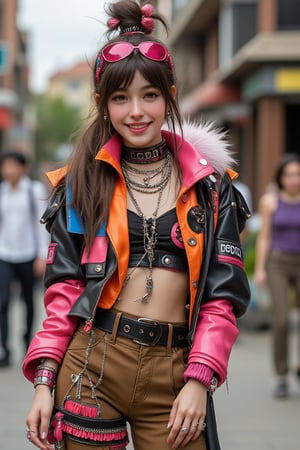 Create a photorealistic image of a cute woman wearing unusual clothes from modern street fashion. She has a friendly smile and is dressed in a bold, eclectic outfit with statement accessories. The background is a trendy outdoor location.

