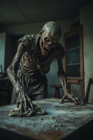 A close-up shot of a zombie meticulously cleaning a house, with a determined expression on its decaying face. The room is dimly lit, casting eerie shadows on the walls. The zombie is using a rag to wipe down a dusty table, its tattered clothes and exposed bones contrasting with the mundane task. The composition focuses on the zombie's hands and the rag, with the background showing a cluttered, abandoned living room.