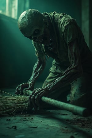 A detailed close-up shot of a zombie, dressed in tattered clothing, sweeping the floor with a broken broom. The scene is dimly lit with eerie greenish light, casting long shadows. The zombie's decayed face is partially visible, showing rotting flesh and empty eye sockets. The floor is dirty and littered with debris, emphasizing the grim atmosphere. The composition focuses on the zombie's hands gripping the broom, highlighting the contrast between the mundane task and the grotesque figure.