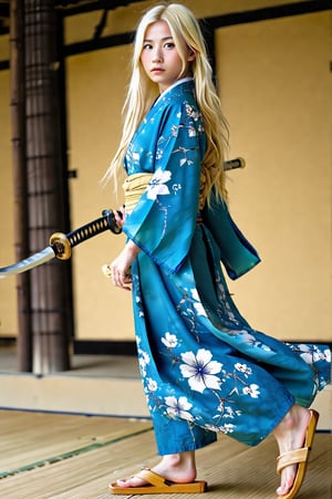 blond ninja woman graceful blond young woman is wearing a blue floral kimono and wooden sandals.