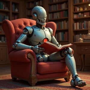 comic book style, The robot is sitting on a chair, holding a book. In the background is a library.,Pixar Art