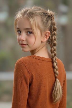 young br1tn3y girl, blond hair braided. standing looking back, portrait, 