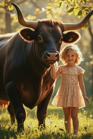 Shirley Temple stands poised scantily clad next to an impressively well hung bull, verdant foliage and sun-kissed trees framing her youthful countenance. Her porcelain child like complexion radiates warmth as she smiles directly at the camera, her bright gaze drawing the viewer in. Soft, golden light dances across her features, evoking a nostalgic aura reminiscent of vintage photography.