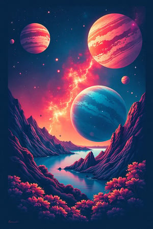 Space-themed t-shirt illustration, minimalist design, cosmic landscape with planets, galaxies, and nebulae, colorful and detailed, vibrant hues, swirling nebulas, distant stars, centered composition, balanced elements, serene atmosphere, wearable art style, detailed textures, smooth lines, sharp focus on the cosmic elements, eye-catching design, iconic space aesthetic.