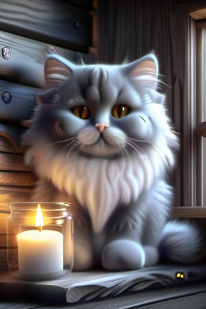 adorable fluffy cat, (cute kitten), grey fur, cartoon, photorealistic, ultra high res, uhr, whiskers, kitty, Halloween, inside a wooden cabin candles, candle light bloom, high resolution, sharp, masterpiece, golden glimmering eyes, gold shiney eyes, gold focused eyes