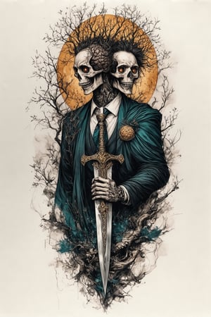 A colorized tattoo art style image of An abstract and surreal illustration featuring a humanoid figure with two heads. One head has an exposed brain with branch-like structures, while the other head has large, bulging eyes and hair. The figure is dressed in a suit with a shirt and a patterned tie. The background is plain. The overall atmosphere is vibrant and slightly eerie. The use of rich, warm earth tones contrasts with the cool blues and greens, enhancing the mystical atmosphere. Detailed textures in the robes and intricate goldwork on the great sword highlight the artist's skill in rendering light and shadow. The piece evokes themes of spiritual enlightenment and divine grace. Esoteric elements and occult symbolism can be seen throughout. The composition is dynamic, with the grim reaper's cloak flowing and the skeleton's bones appearing ghostly. The lighting is dark and moody, emphasizing the horror elements. The paper sheet is slightly wrinkled, showcasing the bold and detailed tattoo.