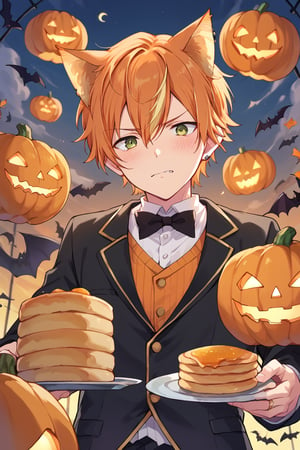 score_9, score_8_up, score_7_up, score_6_up, score_5_up, score_4_up, source_anime, BREAK, 1boy, male focus, akito, orange hair, yellow streaked hair, green eyes, looking at viewer, from below, bats, pumpkins, orange cat ears, tuxedo, shy, blushing, pancakes, 