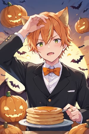 score_9, score_8_up, score_7_up, score_6_up, score_5_up, score_4_up, source_anime, BREAK, 1boy, male focus, akito, orange hair, yellow streaked hair, green eyes, looking at viewer, from below, bats, pumpkins, orange cat ears, tuxedo, blushing, pancakes, mouth open, 