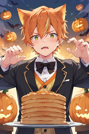 score_9, score_8_up, score_7_up, score_6_up, score_5_up, score_4_up, source_anime, BREAK, 1boy, male focus, akito, orange hair, yellow streaked hair, green eyes, looking at viewer, from below, bats, pumpkins, orange cat ears, tuxedo, blushing, embarassing, pancakes, mouth open, 