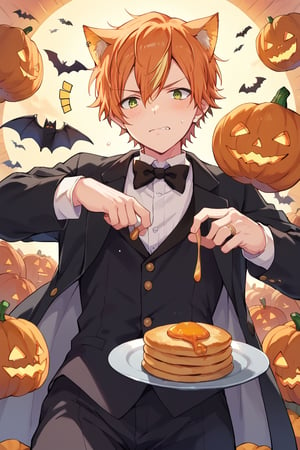 score_9, score_8_up, score_7_up, score_6_up, score_5_up, score_4_up, source_anime, BREAK, 1boy, male focus, akito, orange hair, yellow streaked hair, green eyes, looking at viewer, from below, bats, pumpkins, orange cat ears, tuxedo, extremely embarassing, extremely blushing, pancakes, 