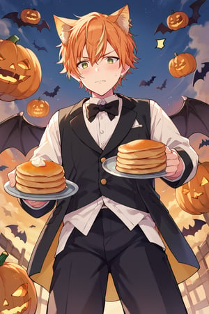 score_9, score_8_up, score_7_up, score_6_up, score_5_up, score_4_up, source_anime, BREAK, 1boy, male focus, akito, orange hair, yellow streaked hair, green eyes, looking at viewer, from below, bats, pumpkins, orange cat ears, tuxedo, extremely embarassing, blushing, pancakes, 