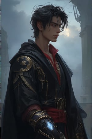 A tall and muscular young man with well-defined muscles, short black hair that is slightly messy but neat, silver eyes , tanned skin , chiseled facial features with a straight nose , high cheekbones , and thin lips , calm and contemplative expression, wearing a dark long-sleeved robe with intricate golden embroidery, pai red with a black cloak lined in red, There is a large black wristband with metallic luster on the left wrist, with a small white crystal on it, exuding a faint magical light. Mystical and powerful atmosphere in the background, foggy weather , moonlight breaking through clouds.
