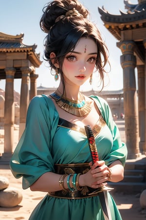 young female, ancient Egypt, palace guard, dark brown eyes, black hair updo, confident expression, white linen gown, turquoise necklace, bronze bracelets, desert temple, holding short sword, sunny day