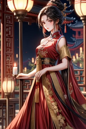 young female, ancient China, court musician, traditional black hair updo, red embroidered gown, jade earrings, playing pipa, palace hall, candlelit, focused expression